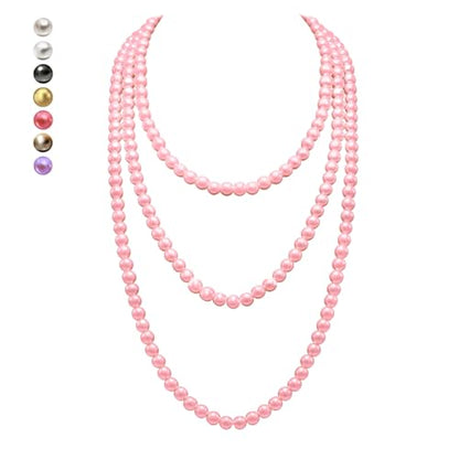 Women's Long Pearl Necklace - Natural Cultured Pearls - Luxurious 8mm Strand Pearls - 1920s Timeless Elegance - Great for Wives, Girlfriends, Sisters, and Besties - Length 60In/71In - color: Rosy Blush, size: 60In