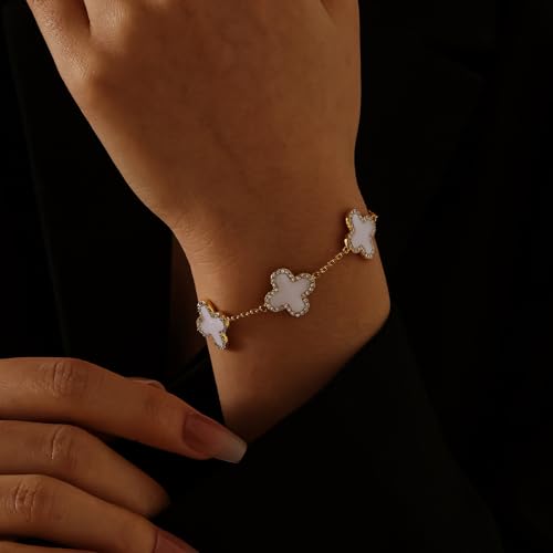 Qitian Clover Bracelet for Women 18K Gold Four Leaf Pink Lucky Link Clover Bracelets, Trendy Bracelets Set Jewelry Gifts for Women - color: B-White