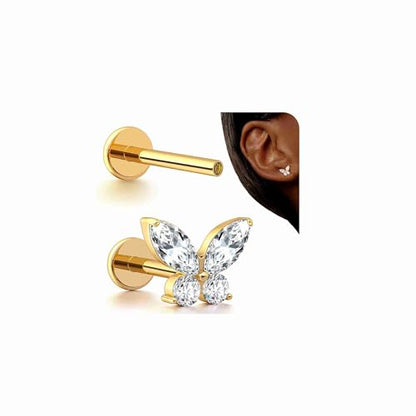 G23 Titanium 16G Tragus Conch Piercing Jewelry Flat Back Stud Earrings | Hypoallergenic CZ Nose Dangle Helix Medusa Lip Labret Body Piercing Jewelry, 14K Gold Plated, Silver, 6 and 8 mm Post Length - color: Butterfly CZ-14K Gold
