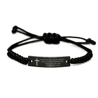 Personalized Christian Bible Verses Black Rope Bracelet Inspirational Scripture ID Cross Religious Quote Faith God Engraved Adjustable Customized Gifts for Men Women Kiss Him Husband Father Bois - style: Cross+Matthew 11:28