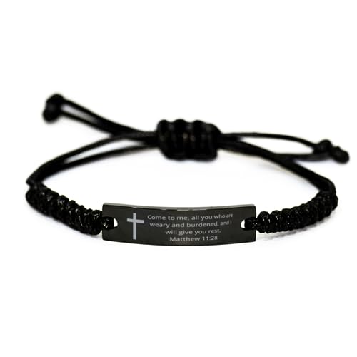 Personalized Christian Bible Verses Black Rope Bracelet Inspirational Scripture ID Cross Religious Quote Faith God Engraved Adjustable Customized Gifts for Men Women Kiss Him Husband Father Bois - style: Cross+Matthew 11:28
