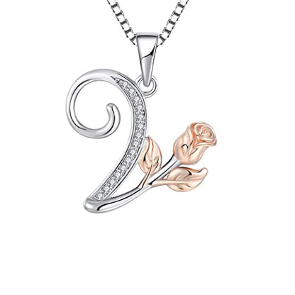 STARCHENIE Initial Necklace for Women Sterling Silver Letters 26 Alphabet Pendant Rose Flower Jewelry Gifts for Family Sisters Friend - color: V