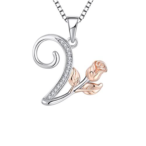 STARCHENIE Initial Necklace for Women Sterling Silver Letters 26 Alphabet Pendant Rose Flower Jewelry Gifts for Family Sisters Friend - color: V