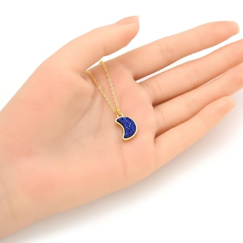 Adabele Natural Druzy Necklace Small Tiny Moon Gemstone Pendant 18 inch Sparkly Agate Stone Crystal Women Jewelry Tarnish Resistant Stainless Steel/Gold Plated Chain - color: Purple blue druzy - gold plated