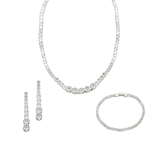 Bride Jewelry Set Silver Crystal Wedding Necklace Earrings Bracelet Set - Bridal Rhinestone Brass Pendant Accessories for Women and Bridesmaids - style: Jewelry Set 07