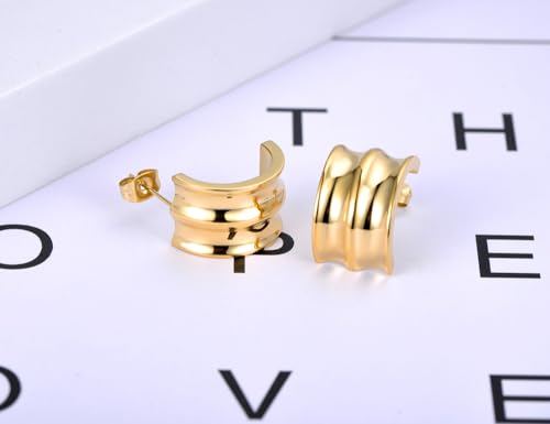 Women's Gold Plated Stainless Steel Triple Band Geometric C-Hoop Stud Earrings