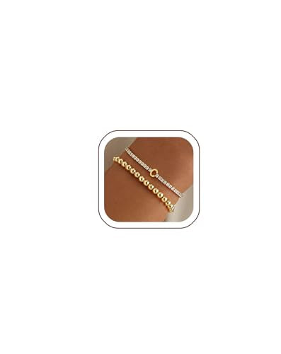 14K Gold Plated Bracelets for Women Dainty Tennis Initial Bracelet Trendy Beaded Stackable Charm Bracelets Layered Waterproof Bracelet Dainty Bracelet for Women Jewelry Gifts - style: C