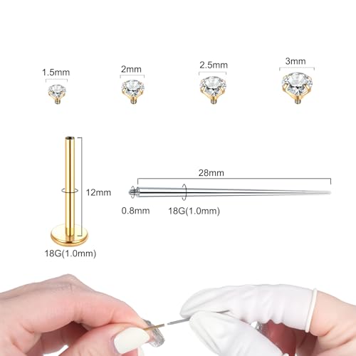 Xpircn Flat Back Stud Earrings 14K Gold Plated Internally Threaded CZ Stud Piercing Jewelry for Tragus Helix Cartilage Conch Nose Hypoallergenic Lip Labret Medusa Piercing 16G 18G - color: 18 Gauge, Gold, size: 12mm Bar