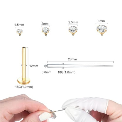 Xpircn Flat Back Stud Earrings 14K Gold Plated Internally Threaded CZ Stud Piercing Jewelry for Tragus Helix Cartilage Conch Nose Hypoallergenic Lip Labret Medusa Piercing 16G 18G - color: 18 Gauge, Gold, size: 12mm Bar