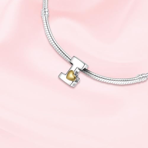 A~Z Alphabet Charm Letter Beads 925 Sterling Silver with Heart-shaped 5A Cubic Zircon Stones fits Pandora European Bracelets Necklace Jewelry Gift for Women - style: I Letter Charms