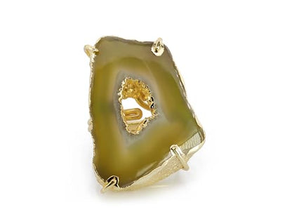 Ring Geode Druzy Slice Unique And Stylish Statement Gold Plated Jewelry Natural Gemstone Stone size 25-35 mm Approximately Adjustable Shank US Scale Size 6-9 - color: Yellow