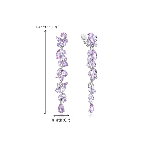Crysdue Clip On Earrings for Women Rhinestone Crystal Teardrop Cluster Wedding Bridal Non Pierced Long Dangle Earring for Prom Party - color: Light Purple Silver-Tone