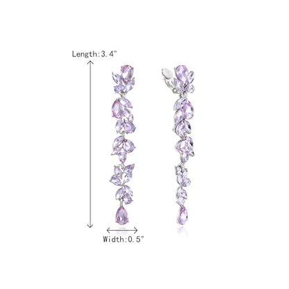 Crysdue Clip On Earrings for Women Rhinestone Crystal Teardrop Cluster Wedding Bridal Non Pierced Long Dangle Earring for Prom Party - color: Light Purple Silver-Tone