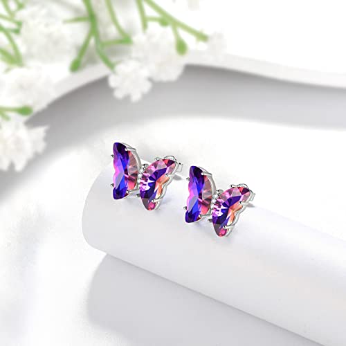 Aurora Tears Butterfly Necklace Earrings Ring Bracelet - Women 925 Sterling Silver Animal Butterflies Birthstone Pendant Crystal Wedding Birthday Jewelry - color: earrings-February-Amethyst