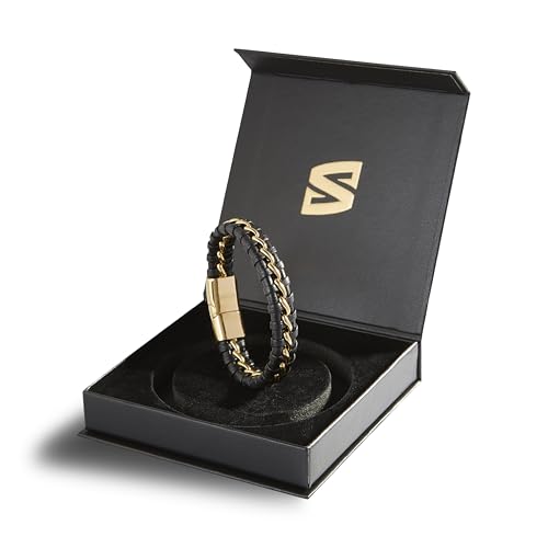 SERASAR Premium Leather Bracelet Men | Stainless Steel Magnetic Clasp | Three Colors | Jewelry Box Included - color: Gold, size: 20cm, style: Joy
