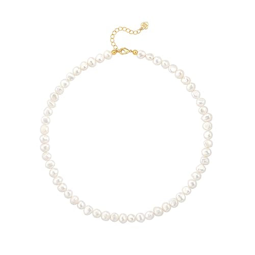 PEARLADA Turquoise Beaded Choker Necklace Chakra Stone Necklace Adjustable - color: White Freshwater Pearl 6-6.5mm