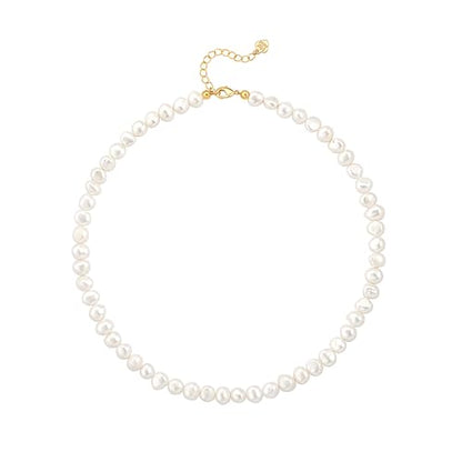 PEARLADA Turquoise Beaded Choker Necklace Chakra Stone Necklace Adjustable - color: White Freshwater Pearl 6-6.5mm