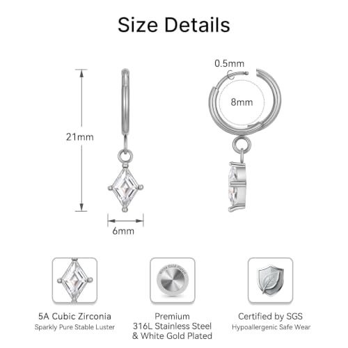 Surgical Steel Hoop Earrings for Women - Hypoallergenic Small Cartilage Huggies with Cubic Zirconia Dangle - color: Clear CZ-Stainless Steel