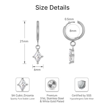 Surgical Steel Hoop Earrings for Women - Hypoallergenic Small Cartilage Huggies with Cubic Zirconia Dangle - color: Clear CZ-Stainless Steel