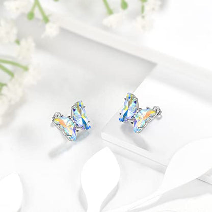 Aurora Tears Butterfly Necklace Earrings Ring Bracelet - Women 925 Sterling Silver Animal Butterflies Birthstone Pendant Crystal Wedding Birthday Jewelry - color: earrings-April-Diamond