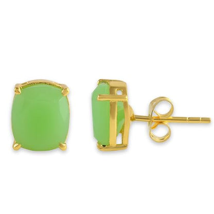 Women's 18K Gold Plated 8x10mm Princess Cut Gemstone Stud Earrings – Birthstone Jewelry for Her – Classic Cushion Studs - color: Chrysoprase