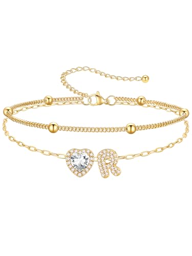 PROSTEEL Initial Ankle Bracelets for Women Waterproof, A-Z Gold/Silver Layered Anklets Adjustable, Summer Beach Gift Jewelry - color: Gold, size: R