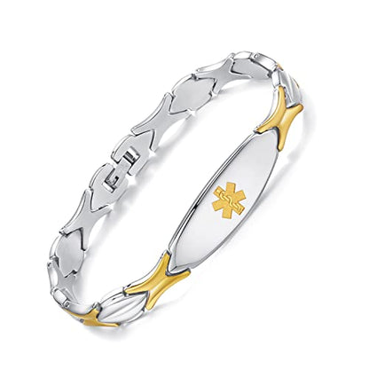 LinnaLove Fashion Shiny medical alert bracelet with Free Engraving Stainless steel Medical id bracelet for Women - color: STEEL-GOLD