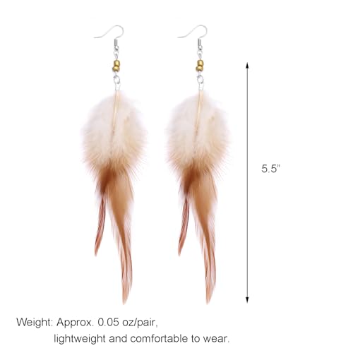 RUOFFETA Long Feather Earrings for Women, Boho Bohemian Earrings Multicolor Tassel Handmade Feather Earrings for Women Dangling - style: M-Brown