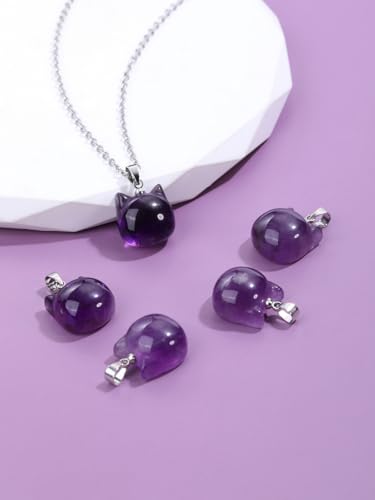 Jovivi Cat Gifts Necklace Natural Amethyst Rose Quartz Healing Crystal Stones Pendant Necklaces for Women Men Gemstone Mini Cute Animal Cat Jewelry Gifts