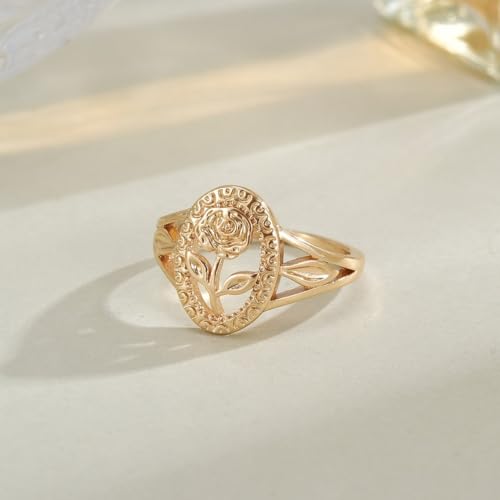 Flower Ring for Women, Vintage Hollow Gold Tone Oval Rose Band Cute Carved Floral Finger Ring Retro Statement Promise Anniversary Jewelry Gift