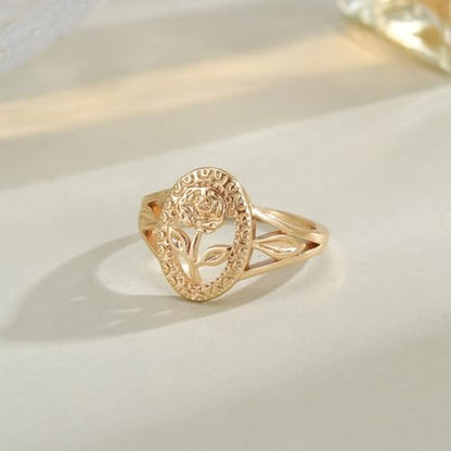 Flower Ring for Women, Vintage Hollow Gold Tone Oval Rose Band Cute Carved Floral Finger Ring Retro Statement Promise Anniversary Jewelry Gift