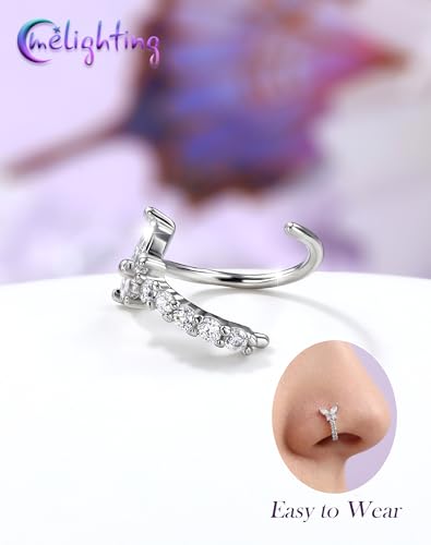 Melighting 20G Butterfly Nose Ring Hoop 8 mm Open Seamless Nose Piercing Jewelry Surgical Steel 316L, Twist Nostril Ring with Marquise and Round CZ, Silver Flower Body Piercing for Women - style: Butterfly