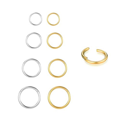 4/8Pcs 20G 18G 16G Nose Rings Hoops Surgical Steel | Nose Seamless Hinged Clicker Segment Septum Lip Rings Conch Tragus Cartilage Daith Rook Piercing Jewelry 6mm 8mm 10mm 12mm - color: Silver&Gold, size: 16G*(6/8/10/12mm)-8pcs