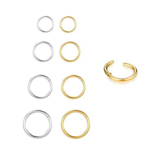 4/8Pcs 20G 18G 16G Nose Rings Hoops Surgical Steel | Nose Seamless Hinged Clicker Segment Septum Lip Rings Conch Tragus Cartilage Daith Rook Piercing Jewelry 6mm 8mm 10mm 12mm - color: Silver&Gold, size: 18G*(6/8/10/12mm)-8pcs