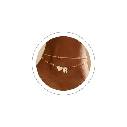 KeyStyle Heart Initial Ankle Bracelets for Women, Layered CZ A-Z Letter | 14K Gold Plated or Silver Stainless Steel Anklet, Hypoallergenic Waterproof Layered Jewelry for Daily Wear & Special Gifts - color: Gold-R