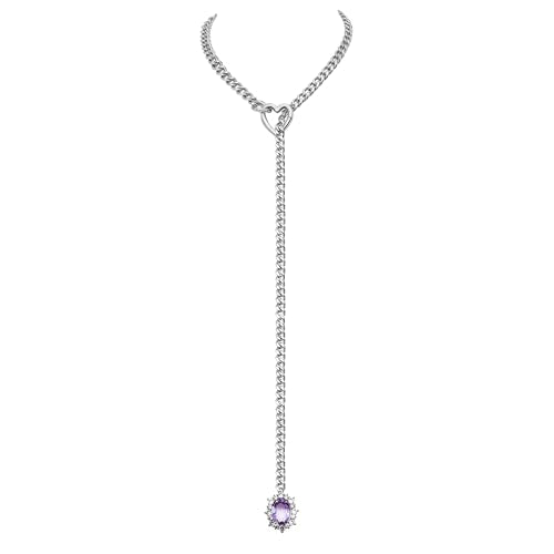 Women's Heart O-Ring Slip Chain Necklace, Double Layered Adjustable 39'' Cuban Chain with Detachable Heart Clasp and Colorful Rhinestone Pendant - color: 25'' Silver-Amethyst Purple
