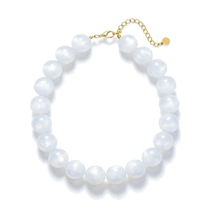 Beaded Necklace for Women Boho Chunky Large Round Beaded Statement Choker Trendy Adjustable Resin Necklaces Summer Beach Jewelry Gifts - color: Milky White