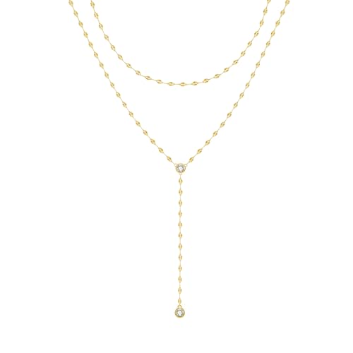 Zeffy Lariat Gold Necklace for Women, Dainty Long Necklace 14k Gold/Silver Plated Layered CZ Beaded Bar Chain Y-Shaped Body Chain Stack Drop Wedding Necklace Trendy Simple Gold Jewelry Gifts - color: Gold CZ Layered Y Necklace(1PCS)