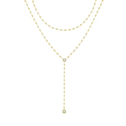 Zeffy Lariat Gold Necklace for Women, Dainty Long Necklace 14k Gold/Silver Plated Layered CZ Beaded Bar Chain Y-Shaped Body Chain Stack Drop Wedding Necklace Trendy Simple Gold Jewelry Gifts - color: Gold CZ Layered Y Necklace(1PCS)