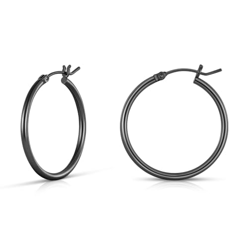 Gold Hoop Earrings for Women 14K Gold Plated | 925 Sterling Silver Post Hypoallergenic Hoop Earrings - color: Black, size: 30mm