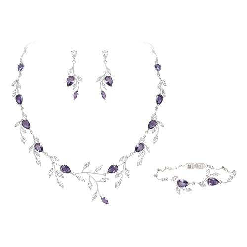 Cubic Zirconia Leaf Vine Wedding Jewelry Set for Bride Women Bridesmaid | Pear-Shaped Birthstone, Necklace Dangle Earrings for Bridesmaid, Silver-Plated-Brass - color: 3pcs_Purple