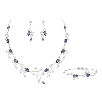 Cubic Zirconia Leaf Vine Wedding Jewelry Set for Bride Women Bridesmaid | Pear-Shaped Birthstone, Necklace Dangle Earrings for Bridesmaid, Silver-Plated-Brass - color: 3pcs_Purple