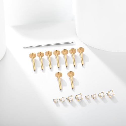 Xpircn Flat Back Stud Earrings 14K Gold Plated Internally Threaded CZ Stud Piercing Jewelry for Tragus Helix Cartilage Conch Nose Hypoallergenic Lip Labret Medusa Piercing 16G 18G - color: 18 Gauge, Gold, size: 12mm Bar