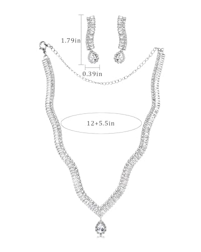 Cubic Zirconia Jewelry Set for Women Silver V Shaped Necklace and Teardrop Earrings Sparkling Rhinestone Jewelry Set Gift for Girlfriend
