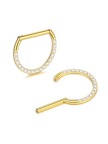 Oveta Titanium D Shaped Nipple Rings 14G for Nipple Piercing Jewelry Higned Segment Clicker Cartilage Hoop Earring 12mm 14mm 16mm for Women Men, Silver/Gold/Black, 2PCS - color: Gold CZ, size: 12mm Bar