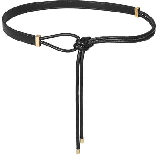 Women's Knotted Thin Waist Belt PU Leather Skinny Belts for Dresses Pants - color: Black