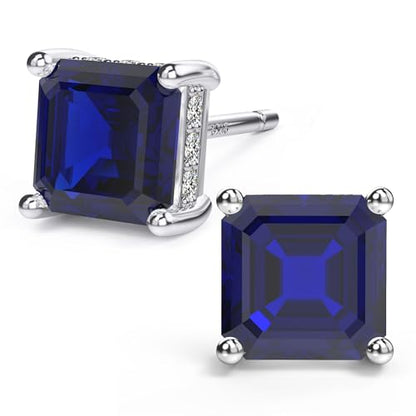 Asscher Cut Cubic Zirconia Stud Earrings for Men Women | Square CZ Simulated Diamond Studs, 18K White Gold Plated Sterling Silver - color: Blue, size: 7MM