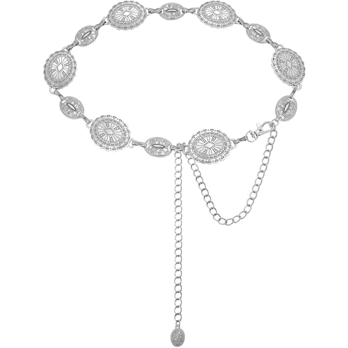 NEOREAL Western Chain Belt for Women Girls Metal Waist Belts Cowgirl Cowboy Outfits Accessory for Jeans Dresses - color: Silver Clock, size: Length 45 inches