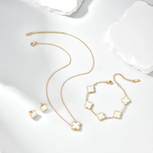 Clover Necklace Bracelet and Stud Earrings Jewelry Sets for Women | 18K Gold Plated Stainless Steel, Black/White Four Leaf Clover set,Christmas Birthday Lucky Gifts for Mom Wife Girlfriend - color: Gold White 3PCS