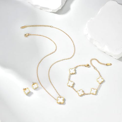 Clover Necklace Bracelet and Stud Earrings Jewelry Sets for Women | 18K Gold Plated Stainless Steel, Black/White Four Leaf Clover set,Christmas Birthday Lucky Gifts for Mom Wife Girlfriend - color: Gold White 3PCS
